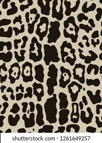 Seamless vertical faux jaguar pattern on light brown background with black spots. Vector illustration animal repeat surface pattern/fashion fabric pattern