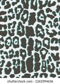 Seamless vertical faux jaguar pattern on with black and turquoise spots in duo tone\glitch style. Vector illustration animal repeat surface pattern/fashion fabric pattern