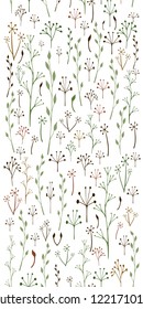 Seamless vertical floral border, banner with flowers, trees, leaves in green shades. Seamless texture. Vector.