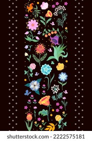 Seamless vertical floral border with fluttering butterflies and gray polka dots on a deep black background. Beautiful print for fabric in vector.