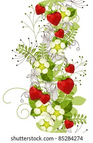 Seamless vertical floral pattern with wild strawberries