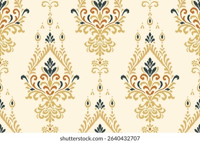 Seamless vertical ikat pattern with ornamental floral and geometric shapes in beige, olive, and rust tones, ethnic textile design perfect for fabric, wallpaper, boho decor, and digital print use.