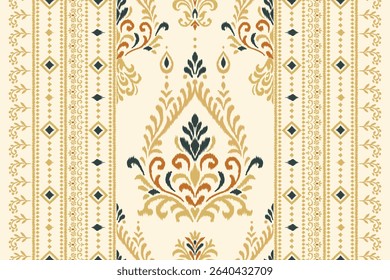 Seamless vertical ikat pattern with ornamental floral and geometric shapes in beige, olive, and rust tones, ethnic textile design perfect for fabric, wallpaper, boho decor, and digital print use.