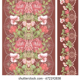 Seamless vertical lace pattern with roses. Vector print for border.