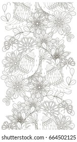 Seamless vertical monochrome pattern with flowers and birds stock vector illustration
