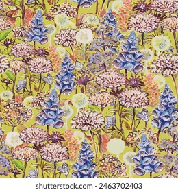 Seamless, vertical, painted, vector pattern of blooming wild flower meadow on light green background.
