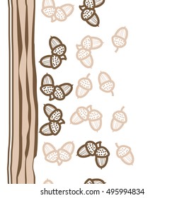 Seamless vertical pattern of  acorns, stripes. Hand drawn.