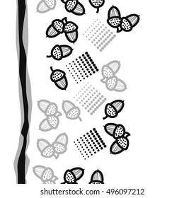 Seamless vertical pattern of  acorns, stripes, halftone.
