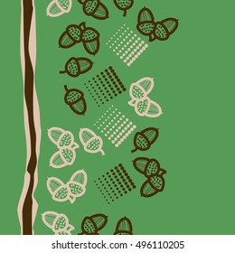Seamless vertical pattern of  acorns, stripes, halftone.