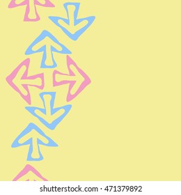 Seamless vertical pattern with arrows , doodles,  object, sign,  , symbol, hole, spots, copy space. Hand drawn.