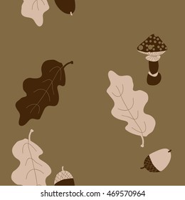 Seamless  vertical  pattern of  autumn theme, doodles,  object,leaves, mushroom, acorns, oak, copy space. Hand drawn.