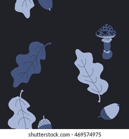 Seamless  vertical  pattern of  autumn theme, doodles,  object,leaves, mushroom, acorns, oak, copy space. Hand drawn.