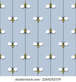 Seamless vertical pattern with bees. Flight of worker bees. Dotted lines and blue background. Vector cute cartoon print for printing on paper, fabric, wallpaper, cover.