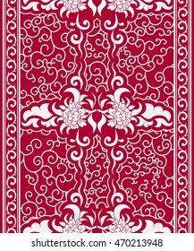 Seamless vertical pattern in a Chinese style. Borders of white flowers and curls on red background. Vector illustration.