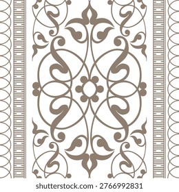 
Seamless vertical pattern classical Damask motif. Floral arabesque, palmette key border, floral meander. Typical egyptian, assyrian, greek pattern. Vector gold seamless classic floral arabesque ornament. 