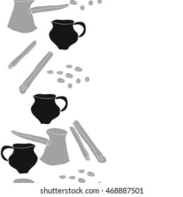 Seamless   vertical pattern of  coffee theme, doodles,  object, caps, grains,pots, cinnamon, copy space . Hand drawn.