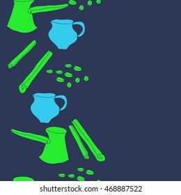 Seamless   vertical pattern of  coffee theme, doodles,  object, caps, grains,pots, cinnamon, copy space . Hand drawn.