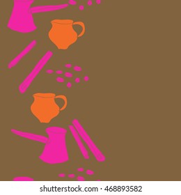 Seamless   vertical pattern of  coffee theme, doodles,  object, caps, grains,pots, cinnamon, copy space . Hand drawn.