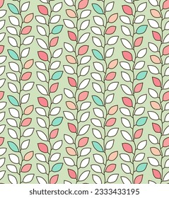 Seamless vertical pattern with colorful leave outlines on branches on light green background. Universal Scandinavian-style surface design for textiles and decoration.