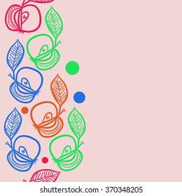 Seamless  vertical pattern, doodles,apples, leaves,grains copy space. Hand drawn.