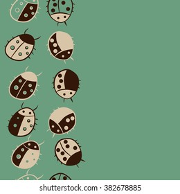 Seamless vertical pattern, doodles,ladybugs, copy space. Hand drawn.