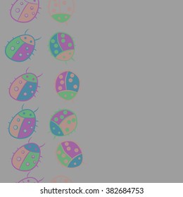 Seamless vertical pattern, doodles,ladybugs, copy space. Hand drawn.