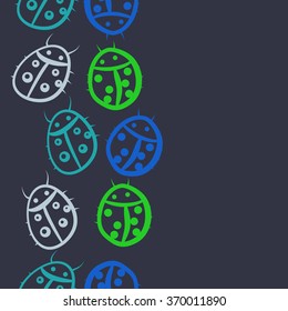 Seamless  vertical pattern, doodles,ladybugs, object, copy space. Hand drawn.