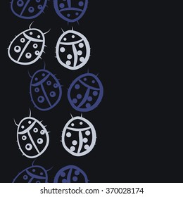 Seamless  vertical pattern, doodles,ladybugs, object, copy space. Hand drawn.