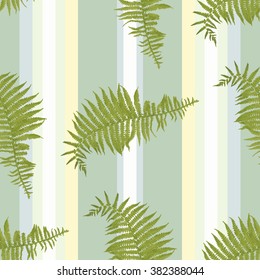 Seamless vertical pattern with fern leaves on of striped yellow green background. Vector illustration for wallpaper, textile