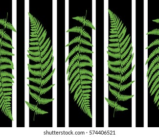 Seamless vertical pattern with fern leaves on of striped background. Vector illustration for wallpaper, textile