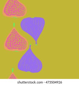 Seamless  vertical pattern with  figs,ellipses, fruits, harvest, object, ellipses, grains, copy space . Hand drawn.