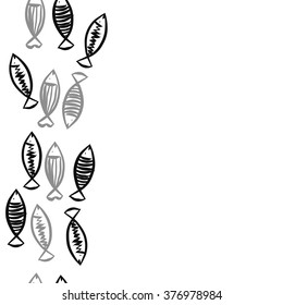 Seamless vertical  pattern with fishes motif, fish, ellipses, zigzag, stripes, copy space. Hand drawn.