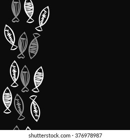 Seamless vertical  pattern with fishes motif, fish, ellipses, zigzag, stripes, copy space. Hand drawn.
