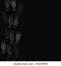 Seamless vertical  pattern with fishes motif, fish, ellipses, zigzag, stripes, copy space. Hand drawn.