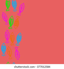 Seamless vertical  pattern with fishes motif, fish, ellipses, zigzag, stripes, copy space. Hand drawn.