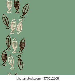 Seamless vertical  pattern with fishes motif, fish, ellipses, zigzag, stripes, copy space. Hand drawn.