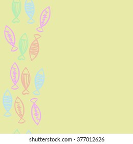 Seamless vertical  pattern with fishes motif, fish, ellipses, zigzag, stripes, copy space. Hand drawn.