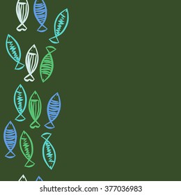 Seamless vertical  pattern with fishes motif, fish, ellipses, zigzag, stripes, copy space. Hand drawn.