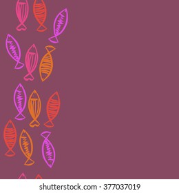 Seamless vertical  pattern with fishes motif, fish, ellipses, zigzag, stripes, copy space. Hand drawn.