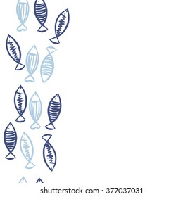 Seamless vertical  pattern with fishes motif, fish, ellipses, zigzag, stripes, copy space. Hand drawn.