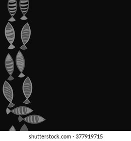 Seamless vertical  pattern with fishes motif, fish, ellipses, stripes, copy space. Hand drawn.