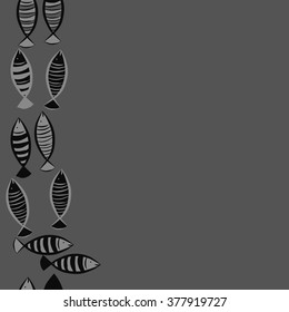 Seamless vertical  pattern with fishes motif, fish, ellipses, stripes, copy space. Hand drawn.