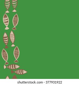 Seamless vertical  pattern with fishes motif, fish, ellipses, stripes, copy space. Hand drawn.