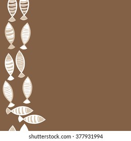 Seamless vertical  pattern with fishes motif, fish, ellipses, stripes, copy space. Hand drawn.