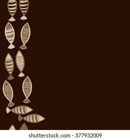Seamless vertical  pattern with fishes motif, fish, ellipses, stripes, copy space. Hand drawn.