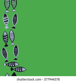 Seamless vertical  pattern with fishes motif, fish, ellipses, stripes, copy space. Hand drawn.