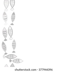 Seamless vertical  pattern with fishes motif, fish, ellipses, stripes, copy space. Hand drawn.
