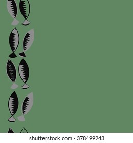 Seamless vertical  pattern with fishes motif, fish, zigzag, spots, hole, copy space. Hand drawn.