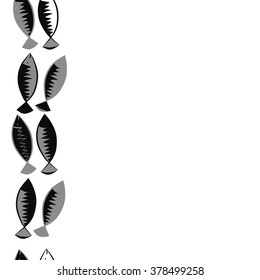 Seamless vertical  pattern with fishes motif, fish, zigzag, spots, hole, copy space. Hand drawn.
