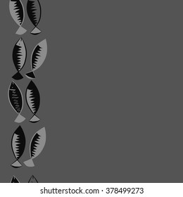 Seamless vertical  pattern with fishes motif, fish, zigzag, spots, hole, copy space. Hand drawn.